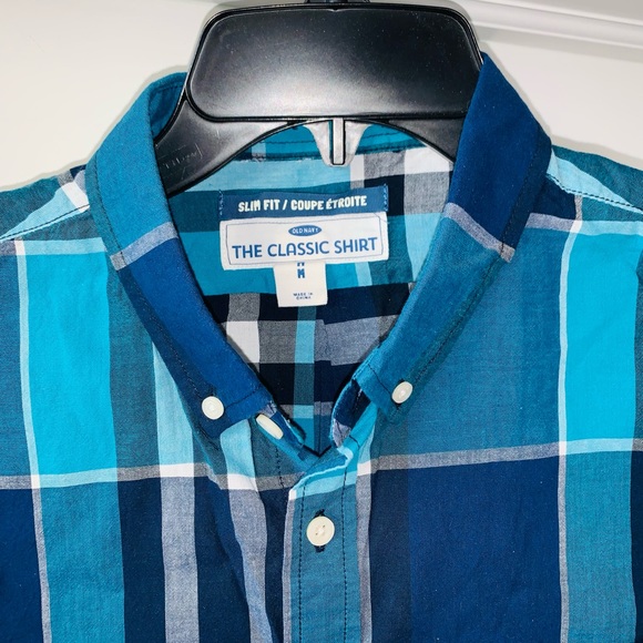“THE CLASSIC SHIRT” BY OLD NAVY MEN’S SLIM FIT BRIGHT BLUE PLAID SIZE MEDIUM - Picture 3 of 6